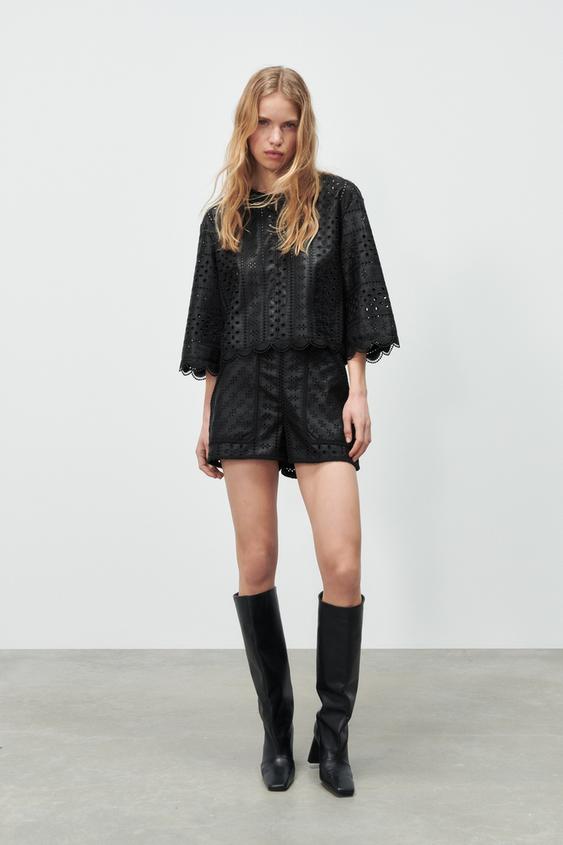 SHORTS WITH CUTWORK EMBROIDERY - Black 