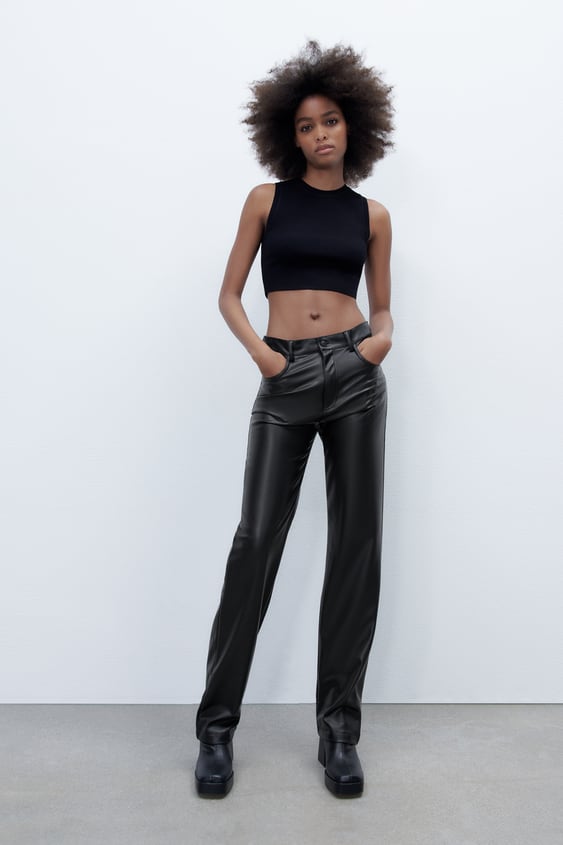 FAUX LEATHER STRAIGHT FIT TROUSERS - Black