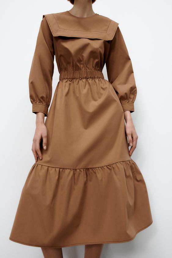 ワイドカラー ポプリン ワンピース ベージュ Zara Japan 日本 ワイドカラー ポプリン ワンピース ベージュ Zara Japan 日本