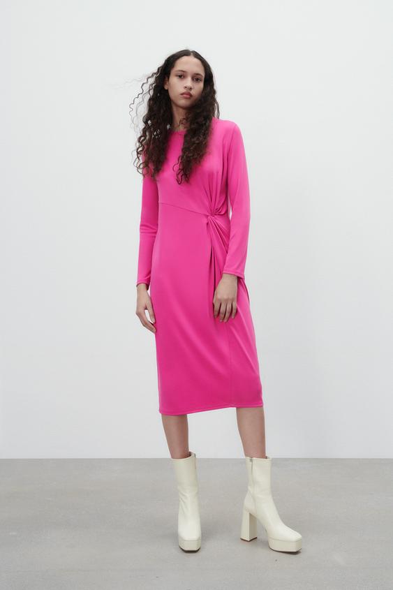 Midi Dress With Front Knot Pink Zara Spain Midi Dress With Front Knot Pink Zara Spain