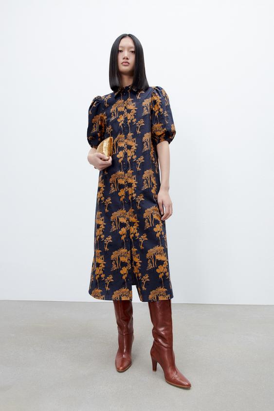 プリント柄ポプリンワンピース ネイビーブルー Zara Japan 日本 プリント柄ポプリンワンピース ネイビーブルー Zara Japan 日本