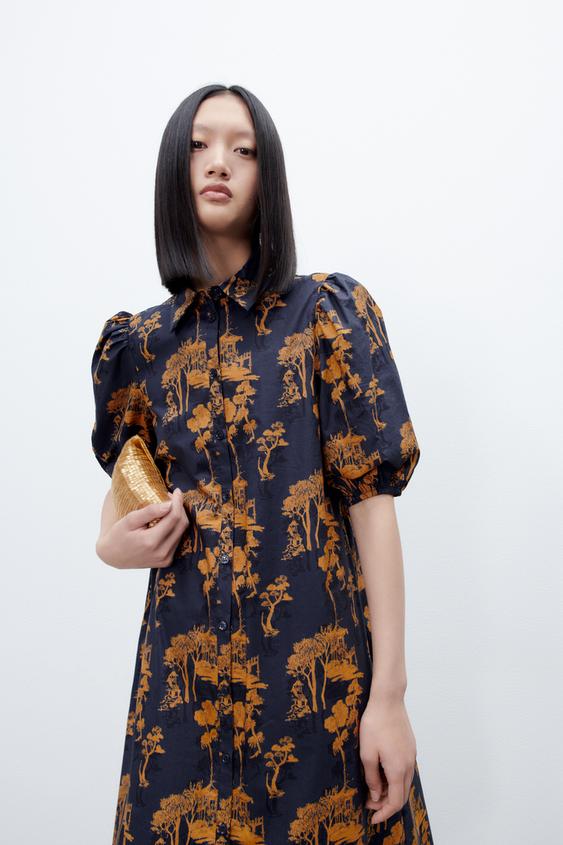 プリント柄ポプリンワンピース ネイビーブルー Zara Japan 日本 プリント柄ポプリンワンピース ネイビーブルー Zara Japan 日本