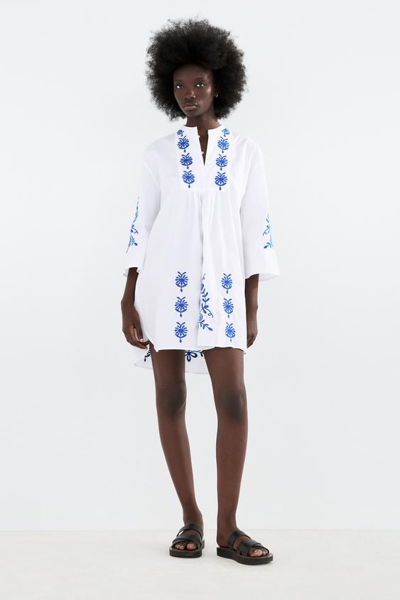 フラワー刺繍入りワンピース ホワイト Zara Japan 日本 フラワー刺繍入りワンピース ホワイト Zara Japan 日本