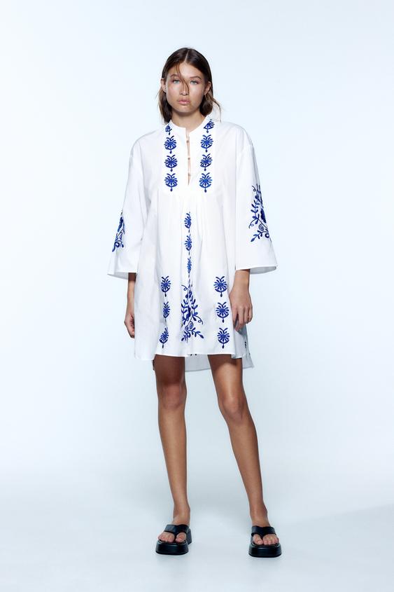 フラワー刺繍入りワンピース ホワイト Zara Japan 日本 フラワー刺繍入りワンピース ホワイト Zara Japan 日本