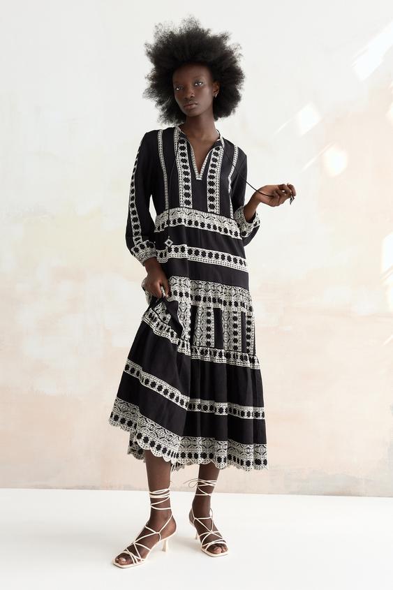 刺繍入りミディ丈ワンピース ブラック Zara Japan 日本 刺繍入りミディ丈ワンピース ブラック Zara Japan 日本