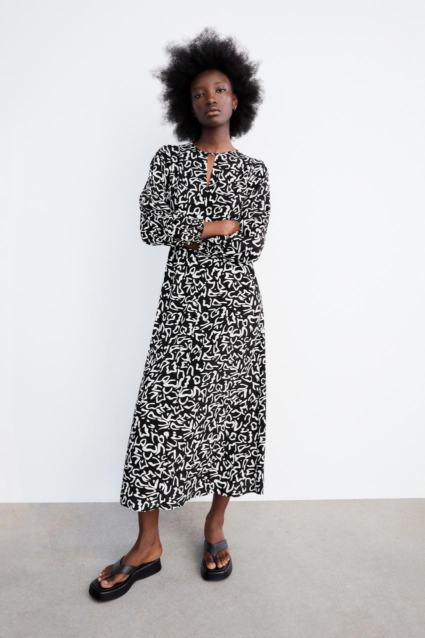 VESTIDO MIDI ESTAMPADO Blanco Negro ZARA Espana