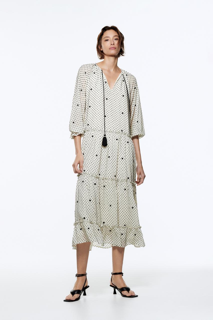 OVERSIZED PLUMETIS DRESS Ecru Black ZARA United Kingdom