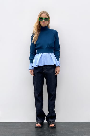 HIGH NECK KNIT TOP WITH SHOULDER PADS