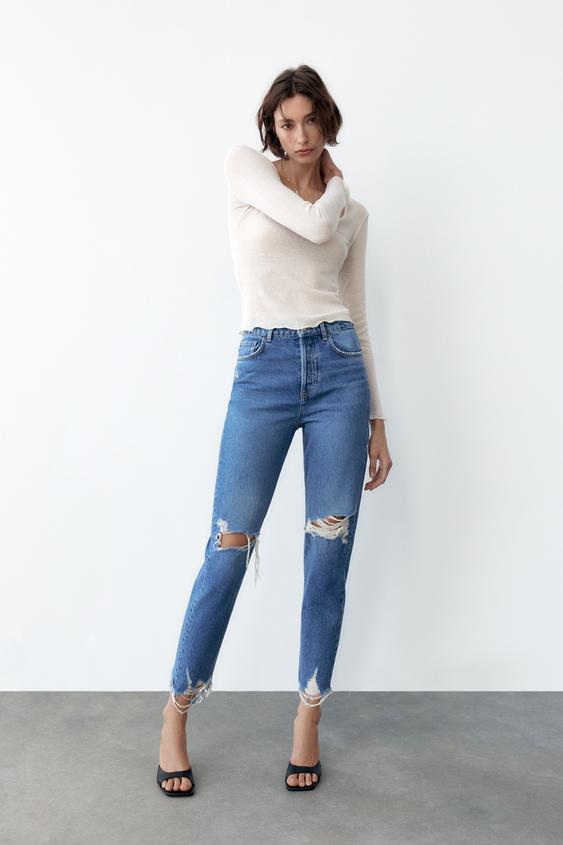 Z1975 Ripped Mom Fit Jeans Blue Zara United States Z1975 Ripped Mom Fit Jeans Blue Zara United States