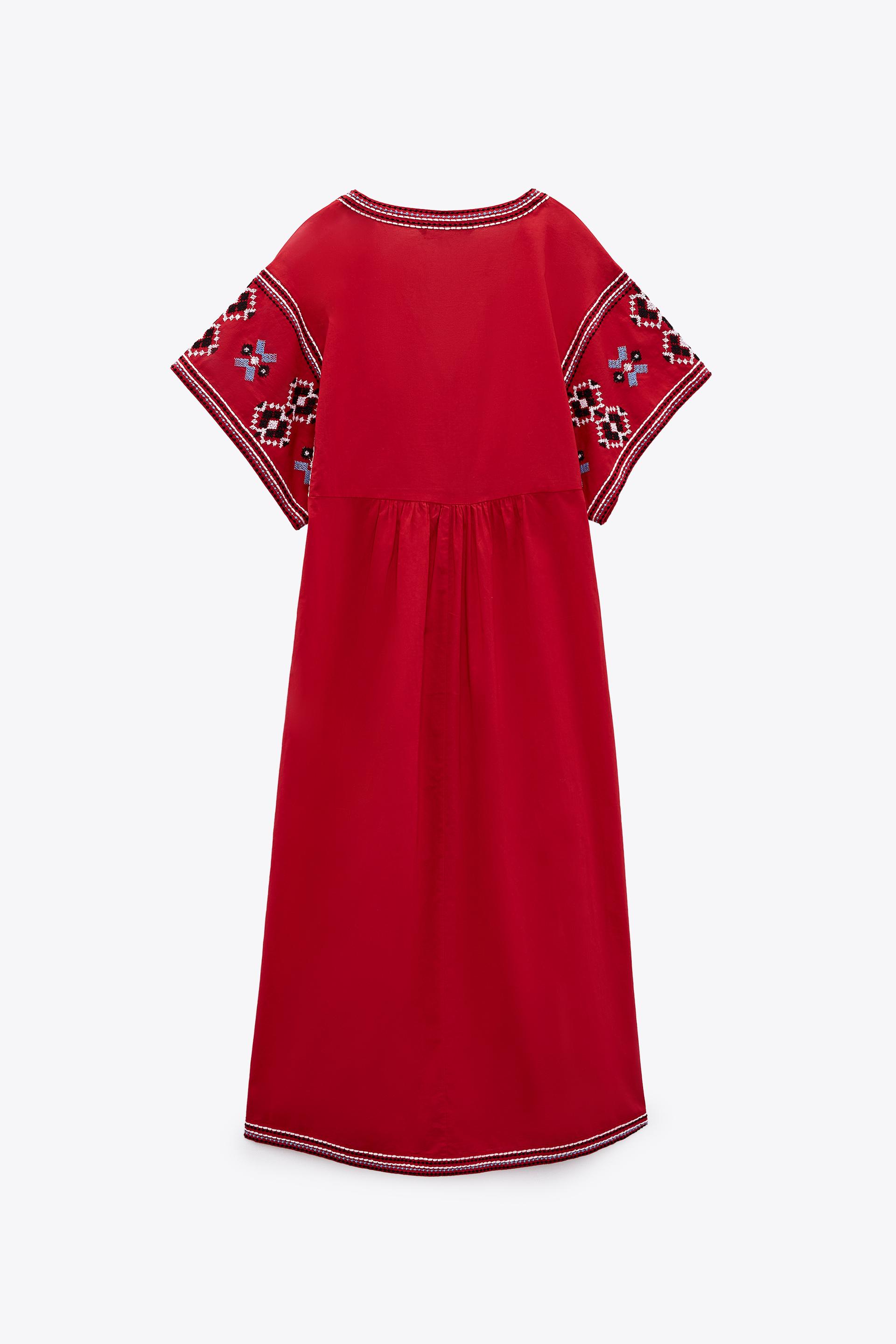 EMBROIDERED POPLIN TUNIC DRESS - Red 