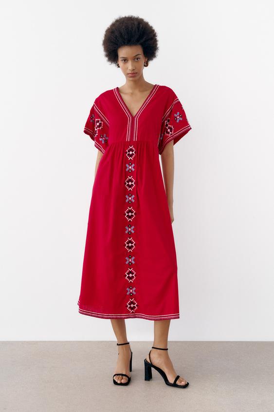 VESTIDO TÚNICA POPELÍN BORDADOS - Rojo | ZARA España