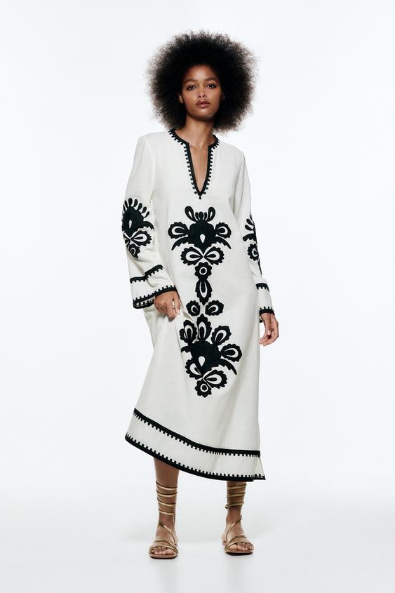 刺繍入りミディ丈ワンピース ホワイト Zara Japan 日本 刺繍入りミディ丈ワンピース ホワイト Zara Japan 日本