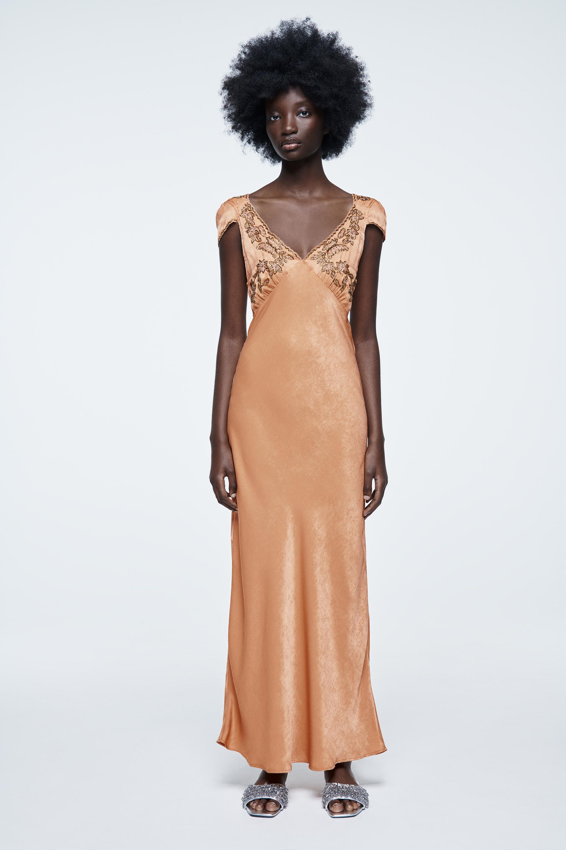 Jewel Trim Long Dress Light Orange Zara United States Jewel Trim Long Dress Light Orange Zara United States