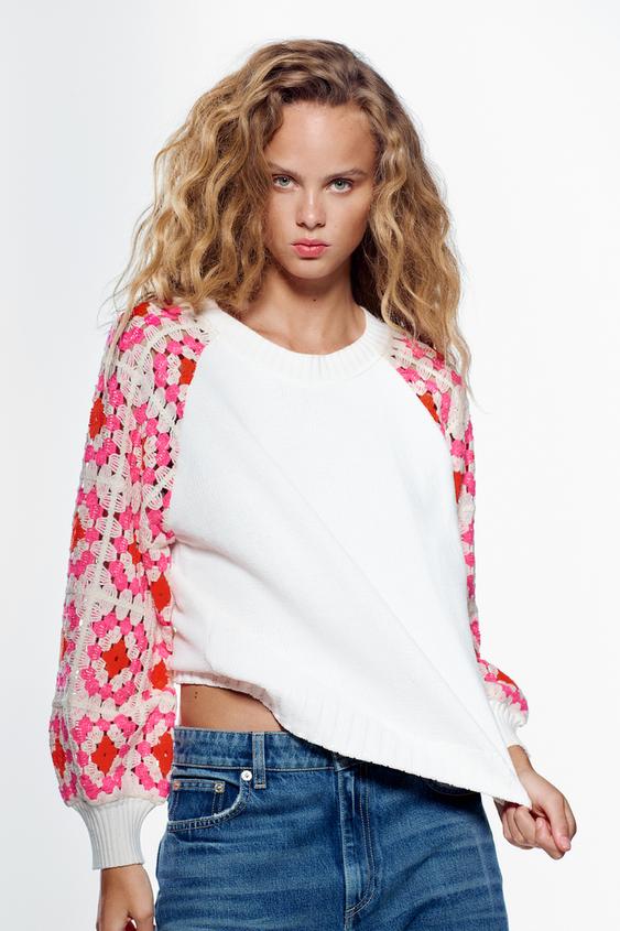 SUDADERA CHENILLA CROCHET - Crudo / Rojo | ZARA España
