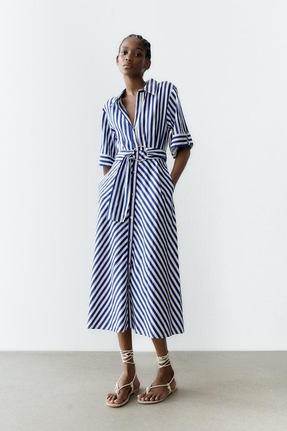 ストライプ リネンブレンドワンピース 青色 白色 Zara Japan 日本 ストライプ リネンブレンドワンピース 青色 白色 Zara Japan 日本