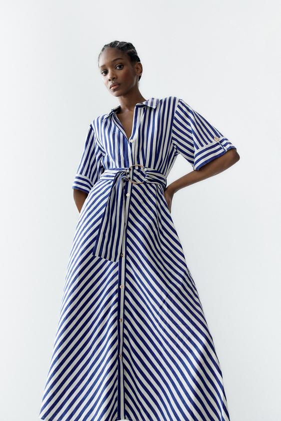 ストライプ リネンブレンドワンピース 青色 白色 Zara Japan 日本 ストライプ リネンブレンドワンピース 青色 白色 Zara Japan 日本
