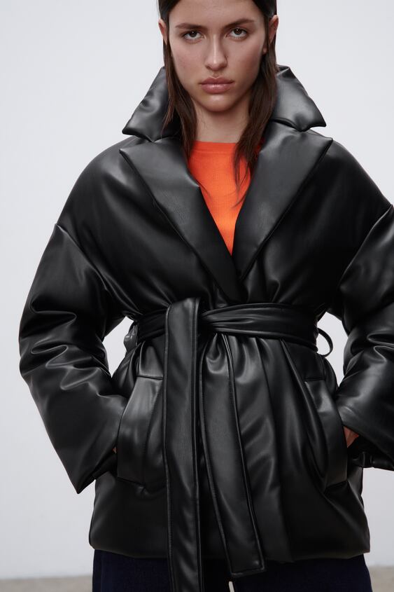 Faux Leather Puffer Coat Black Zara, Zara Trench Coat With Faux Leather Sleeves