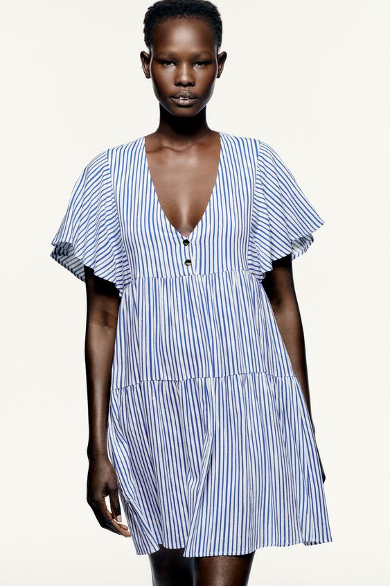 リネンブレンド ストライプワンピース 青色 白色 Zara Japan 日本 リネンブレンド ストライプワンピース 青色 白色 Zara Japan 日本