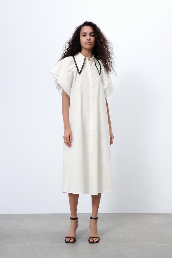 フリル付きポプリンワンピース ホワイト Zara Japan 日本 フリル付きポプリンワンピース ホワイト Zara Japan 日本