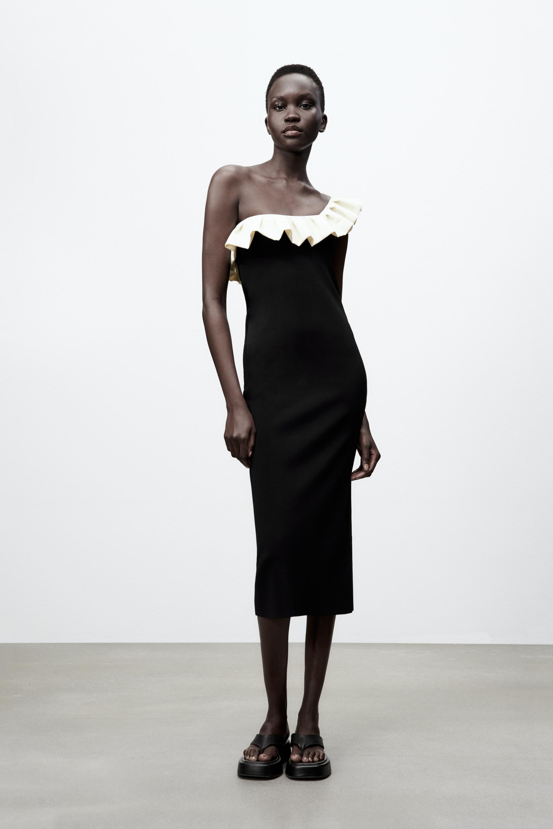 アシンメトリー ニットワンピース フリル ブラック エクリュ Zara Japan 日本 アシンメトリー ニットワンピース フリル ブラック エクリュ Zara Japan 日本