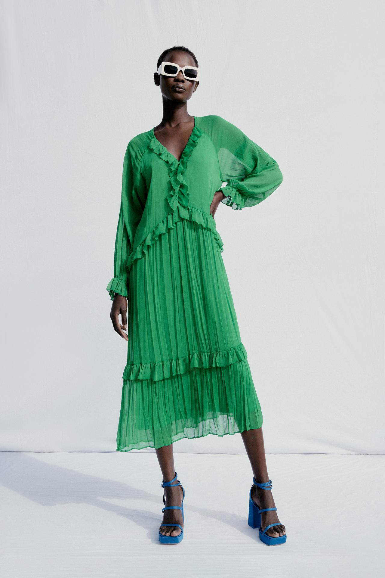 Zara Green airy pleated midi dress with frill details. Long sleeves and elasticated frill cuffs.
