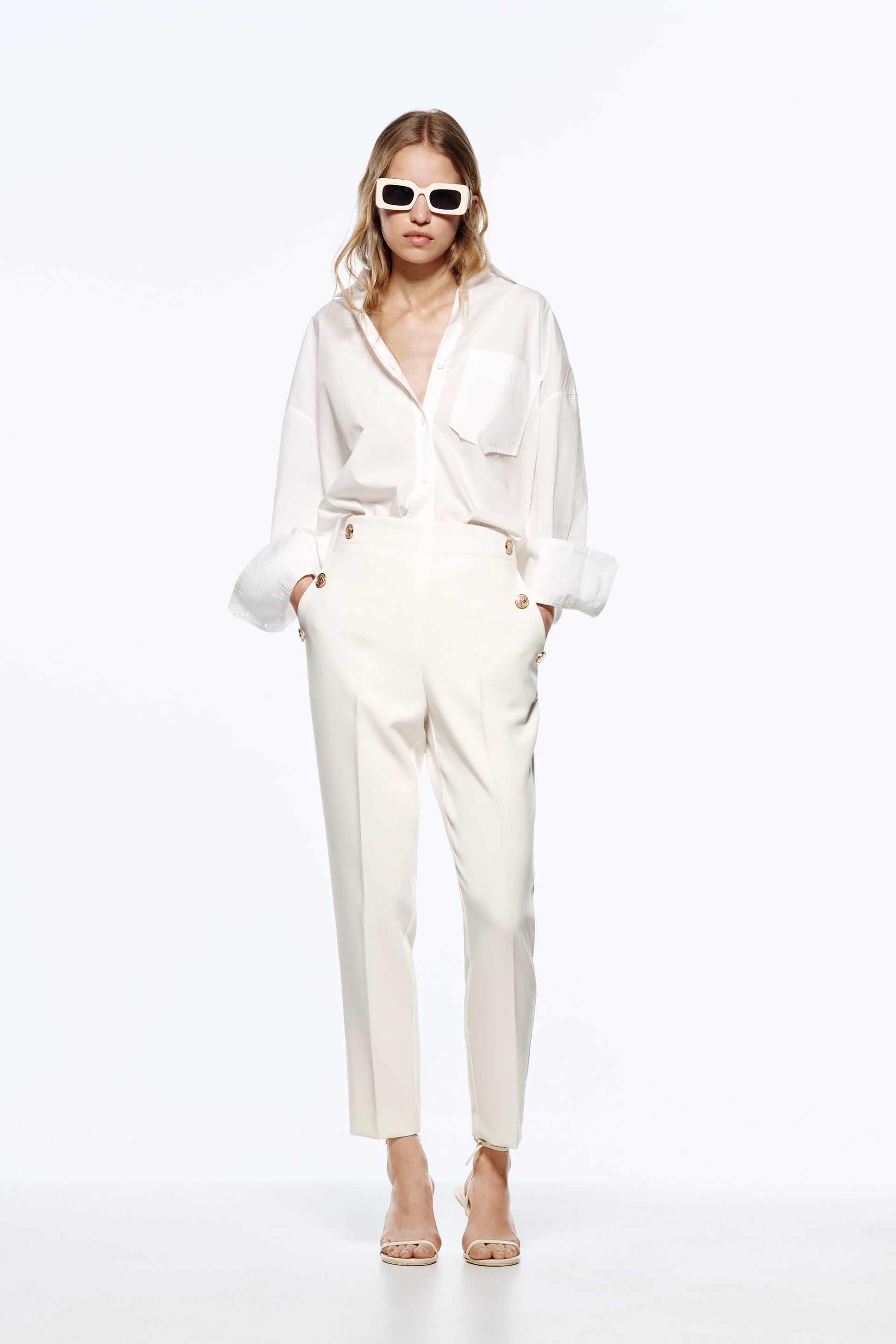 Zara waist detail pants gold button high ecru white blogger favorite