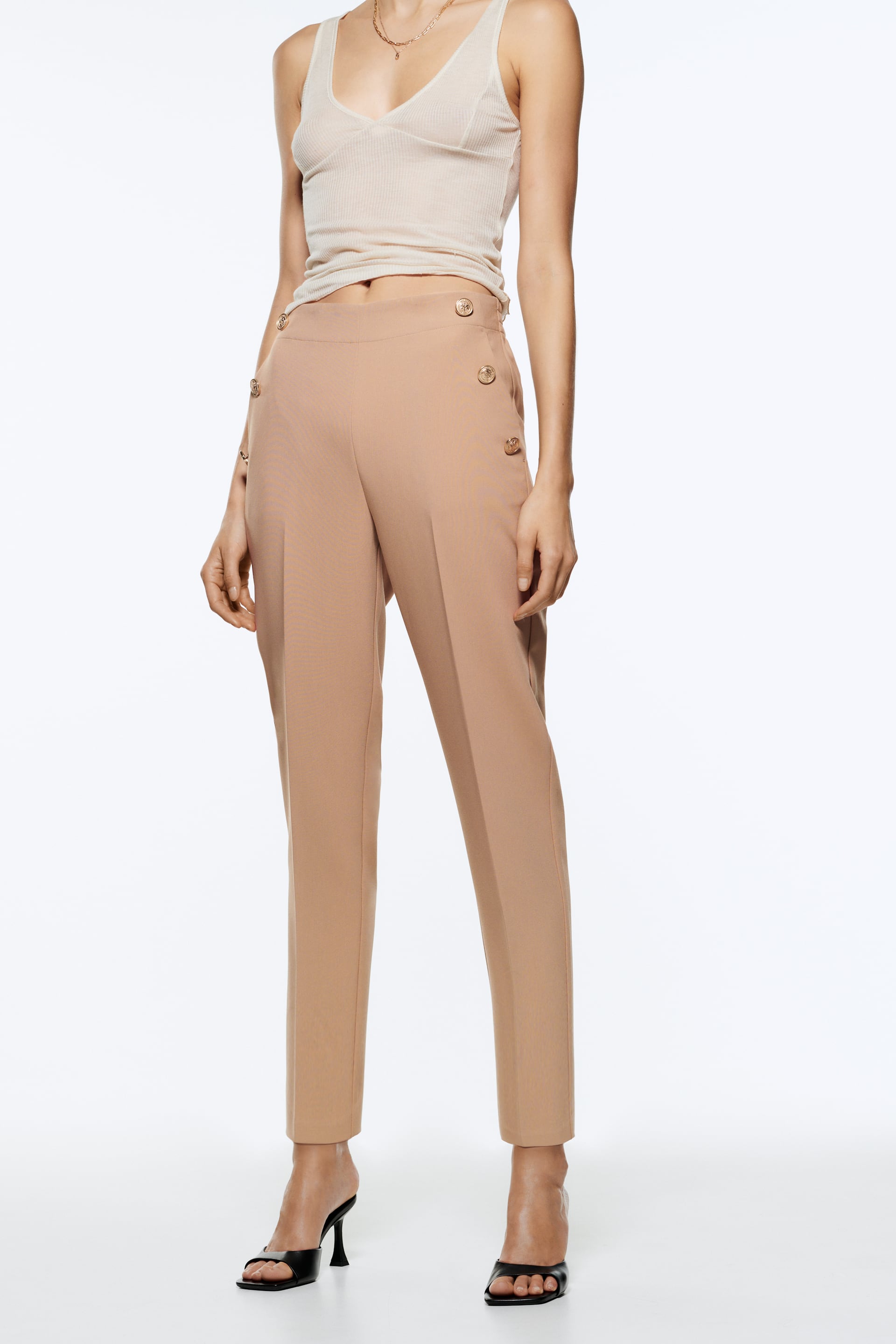 Zara waist detail pants gold button high ecru white blogger favorite