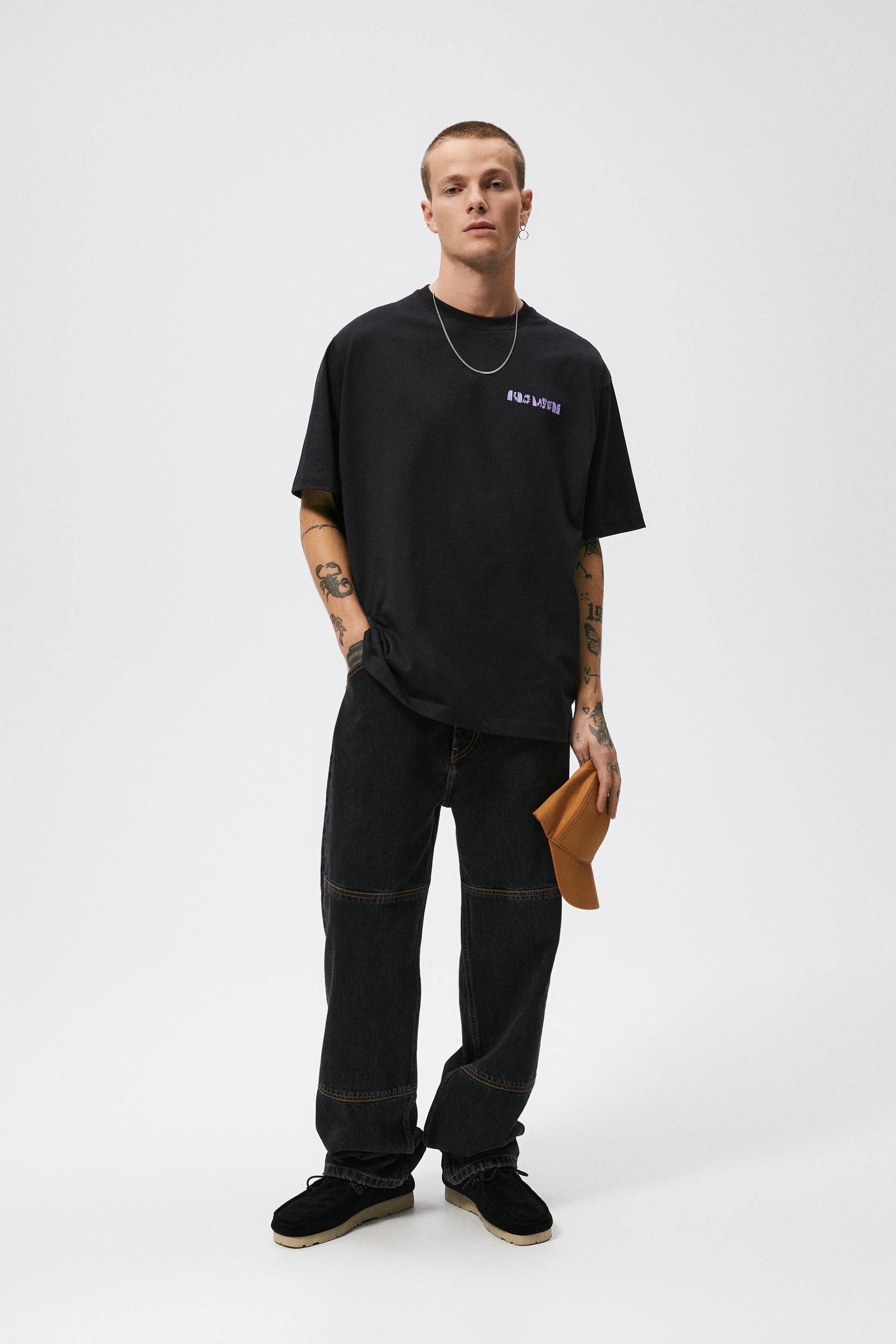 CONTRAST SLOGAN T-SHIRT - Black | ZARA 
