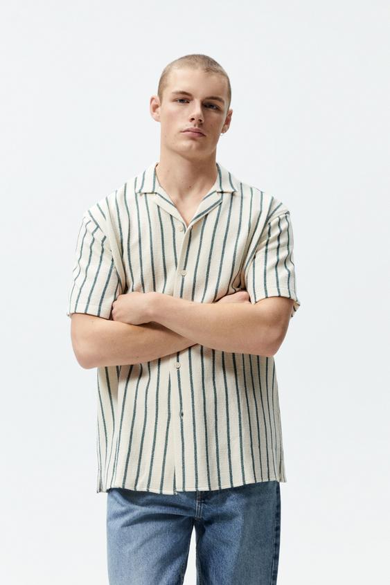 STRIPED TEXTURED WEAVE SHIRT - Green 