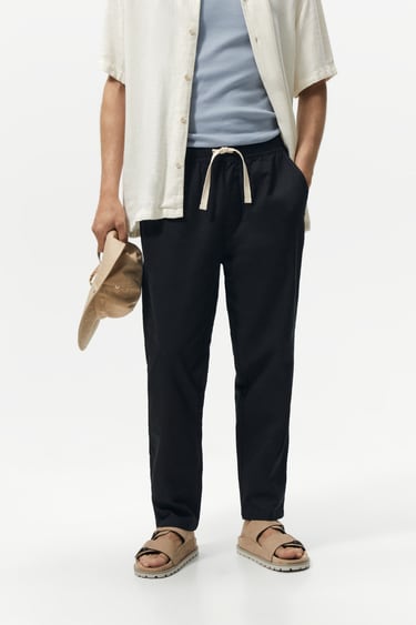 Image 0 of COTTON/LINEN JOGGER WAIST TROUSERS from Zara
