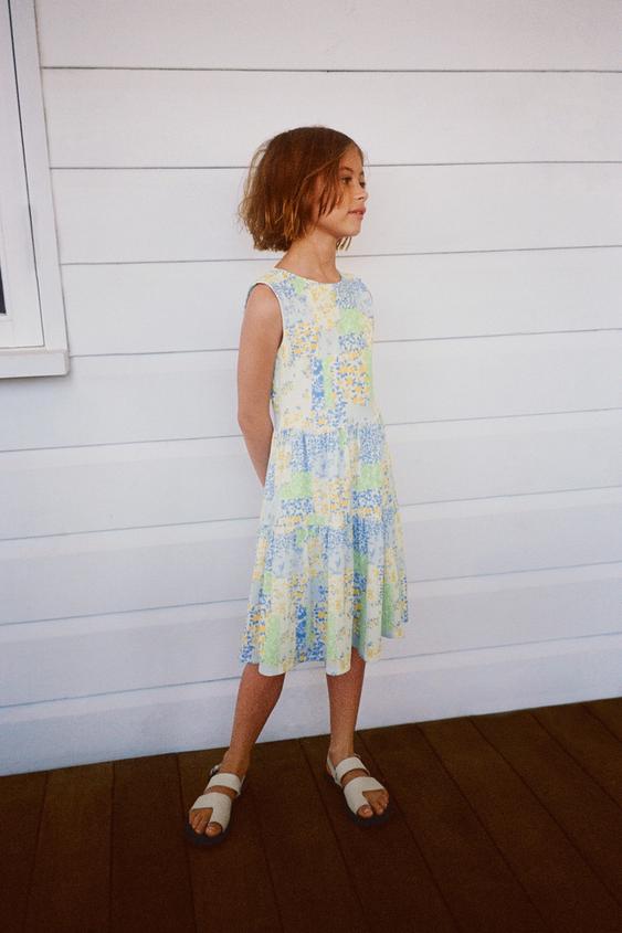 フラワーパッチワークワンピース ブルー Zara Japan 日本 フラワーパッチワークワンピース ブルー Zara Japan 日本