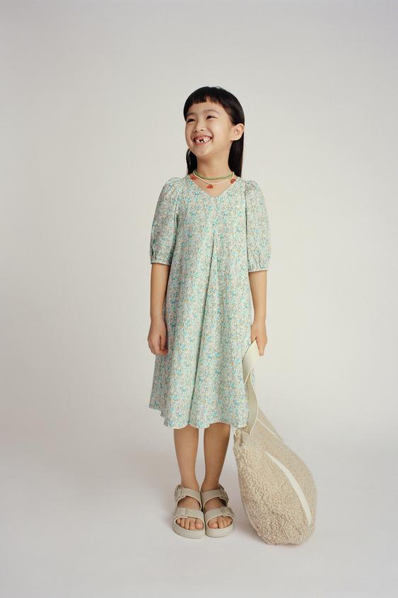 フラワー柄パフスリーブワンピース ライトグリーン Zara Japan 日本 フラワー柄パフスリーブワンピース ライトグリーン Zara Japan 日本