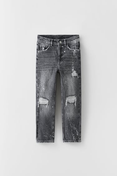 RELAXED-FIT PAINT-SPLATTER JEANS WITH RIPS