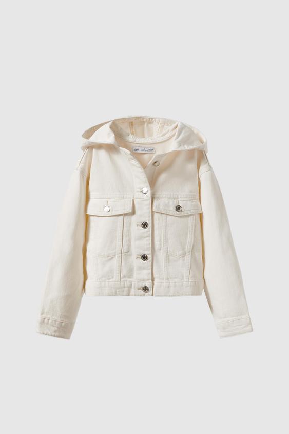 CROPPED HOODED DENIM JACKET - Ecru 