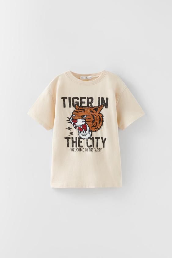SEQUINNED TIGER T-SHIRT - Ecru | ZARA 