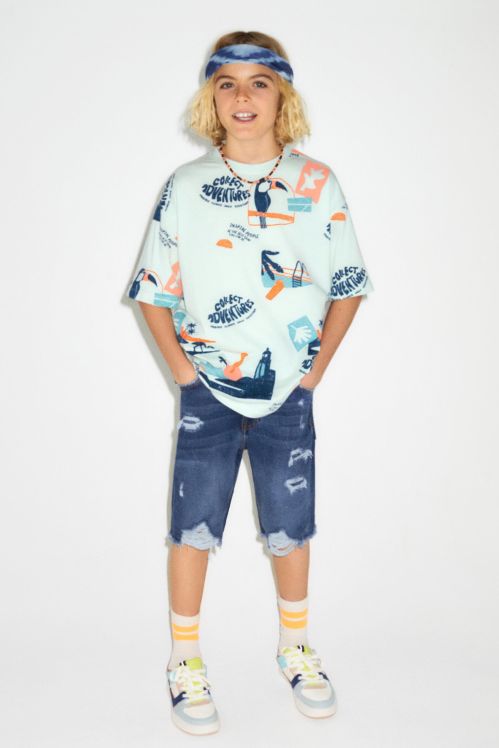 RELAXED FIT RIPPED DENIM SHORTS - Blue 