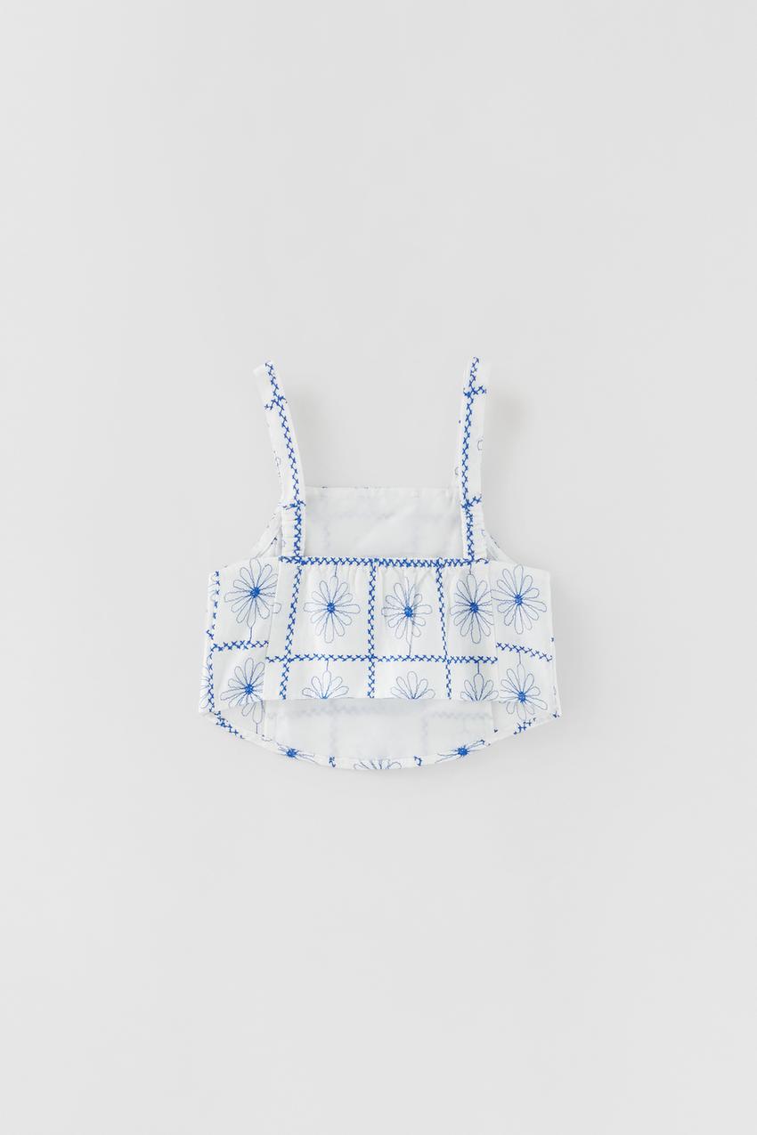 TOP ALGODON CON LINO BORDADOS MARGARITAS Azul Blanco ZARA Estados Unidos de America United States
