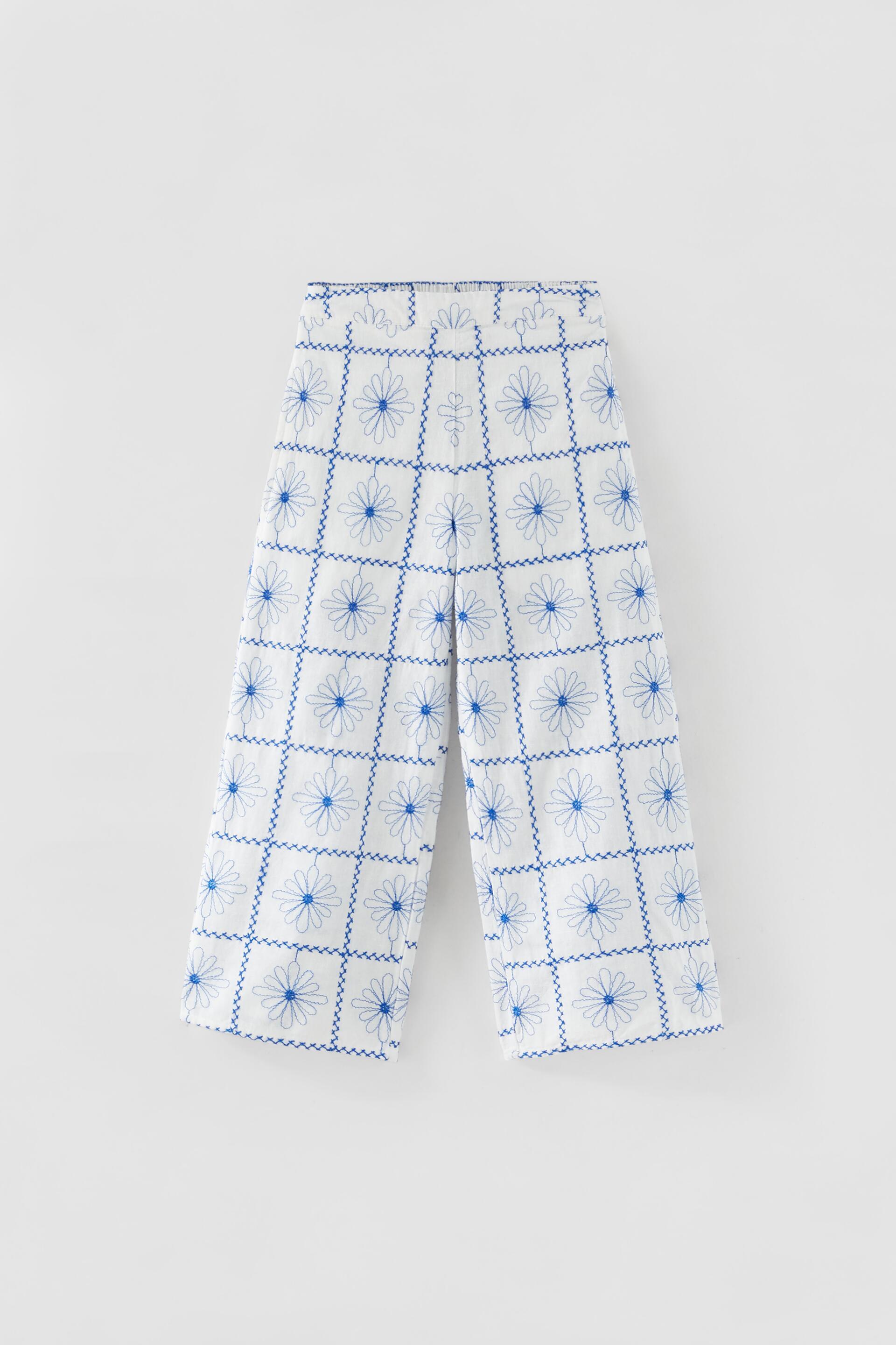 PANTALÓN ALGODÓN CON LINO BORDADOS MARGARITAS - Azul / Blanco | ZARA España