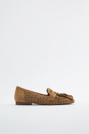 WOVEN SPLIT LEATHER FLAT LOAFERS