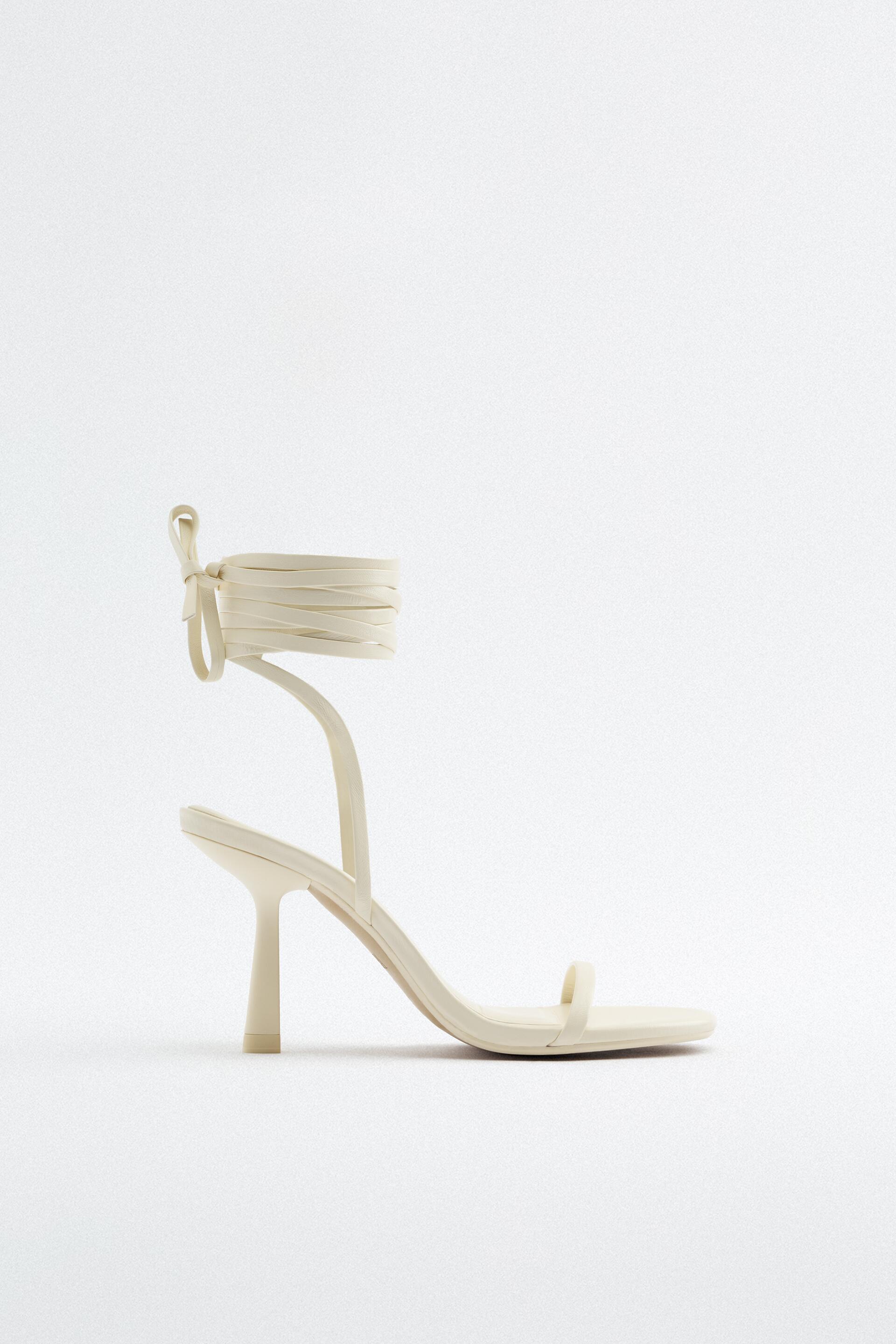 LEATHER TIE MID-HEELED SANDALS - Ecru 