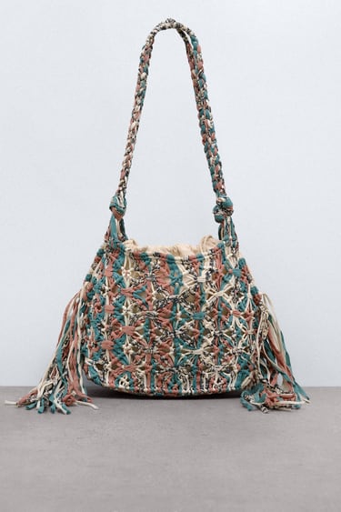 BRAIDED FABRIC TOTE BAG WITH FRINGING