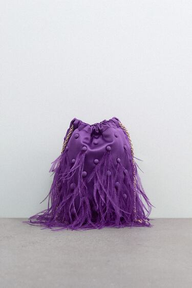SATIN BUCKET BAG WITH FEATHERS