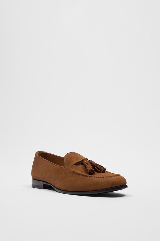 Split Suede Leather Tassel Loafers Brown Zara Turkey