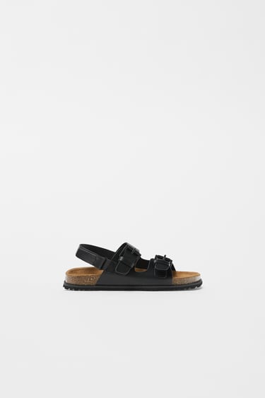 KIDS/ BUCKLED MONOCHROME LEATHER SANDALS