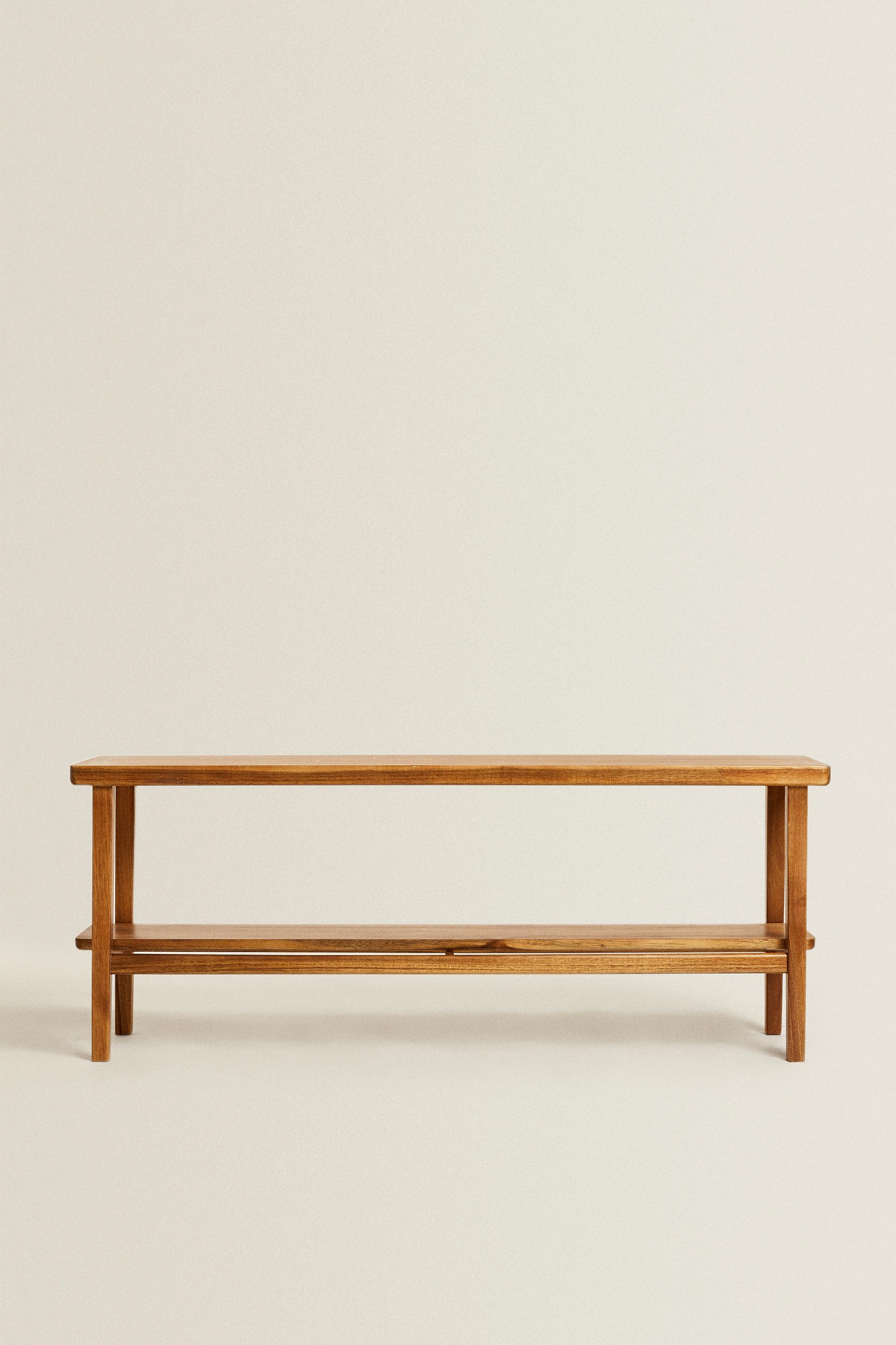 Acacia Wood Double Bench with Storage Shelf