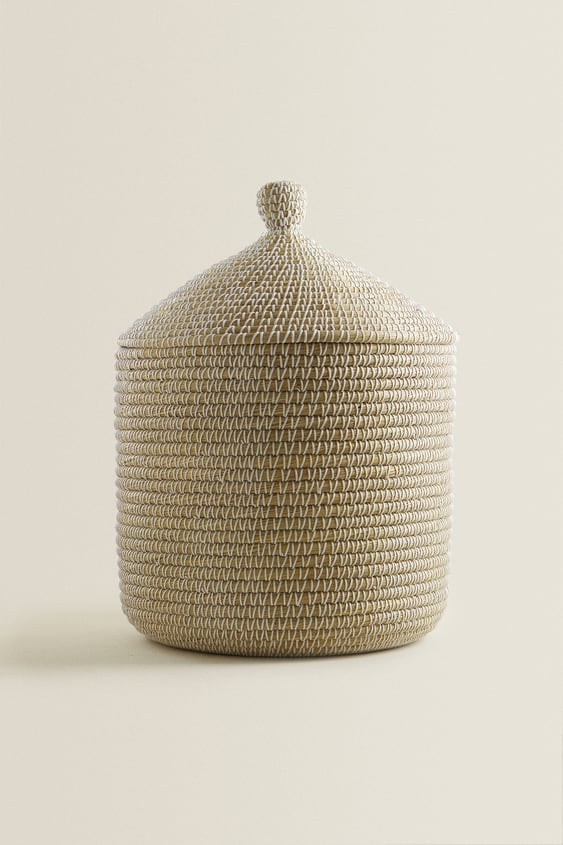 Round Basket With Lid Natural Zara, Round Woven Basket With Lid