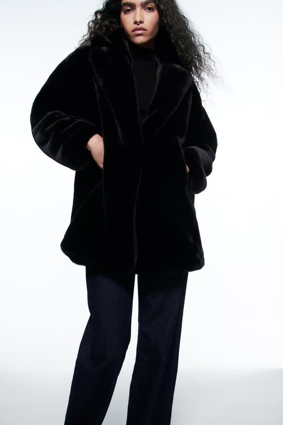 Faux Fur Coat Black Zara Australia, Black Hooded Fur Coat Zara