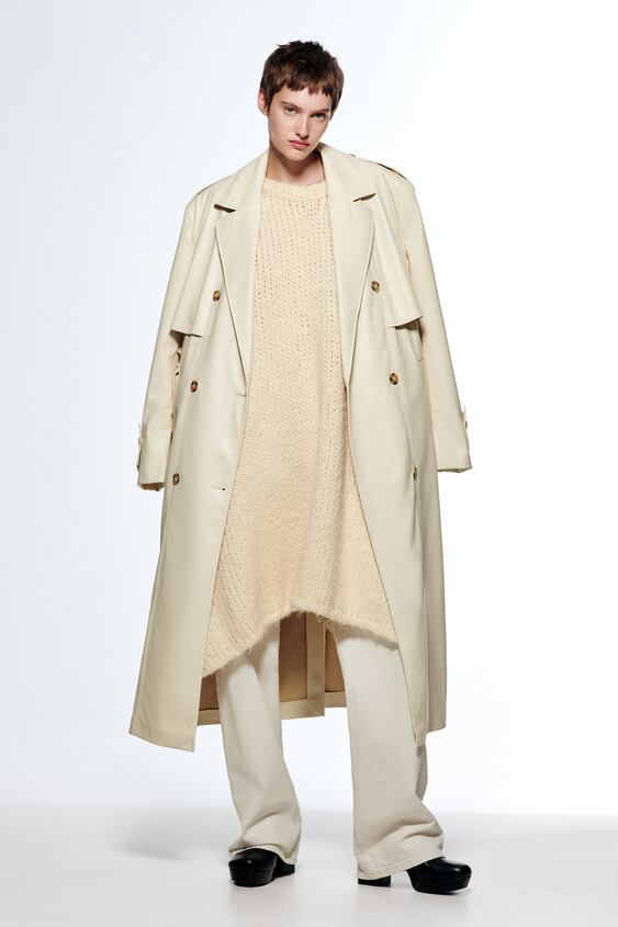 Faux Leather Trench Coat Ecru Zara, Zara Trench Coat With Faux Leather Sleeves