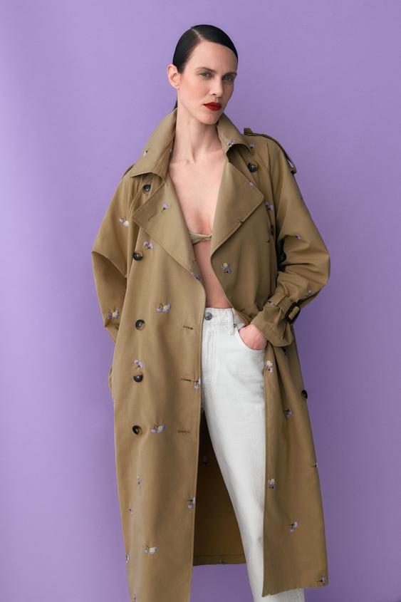 Trench Coat With Fl Embroidery Camel Zara New Zealand Trench Coat With Fl Embroidery, Zara Trench Coat Nz