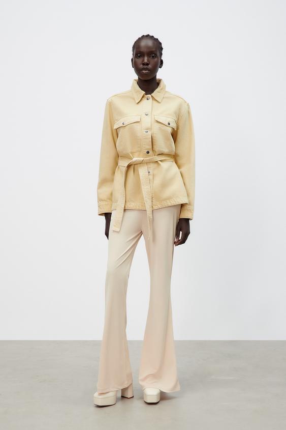 DENIM JACKET WITH BELT - Light yellow 